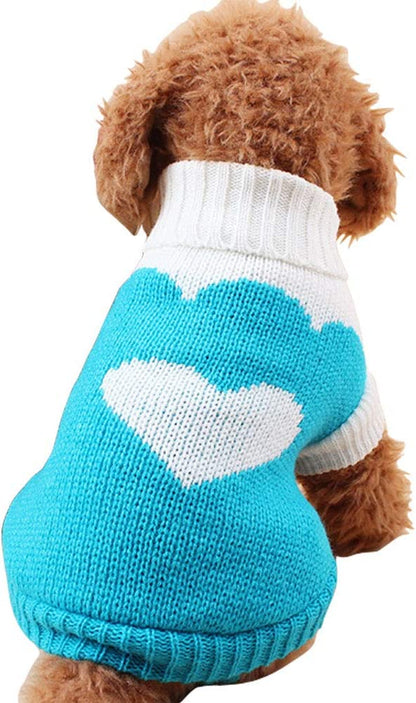 Classic Knit Turtleneck Dog Sweater for Winter - Cute Strawberry and Heart Design in Sky Blue, XX-Small
