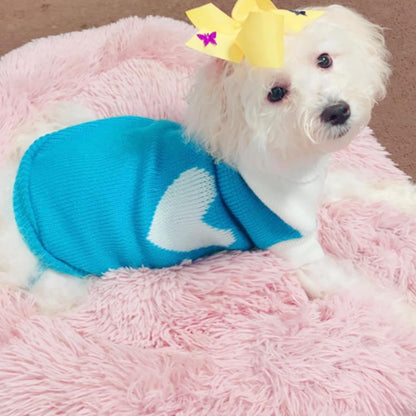 Classic Knit Turtleneck Dog Sweater for Winter - Cute Strawberry and Heart Design in Sky Blue, XX-Small