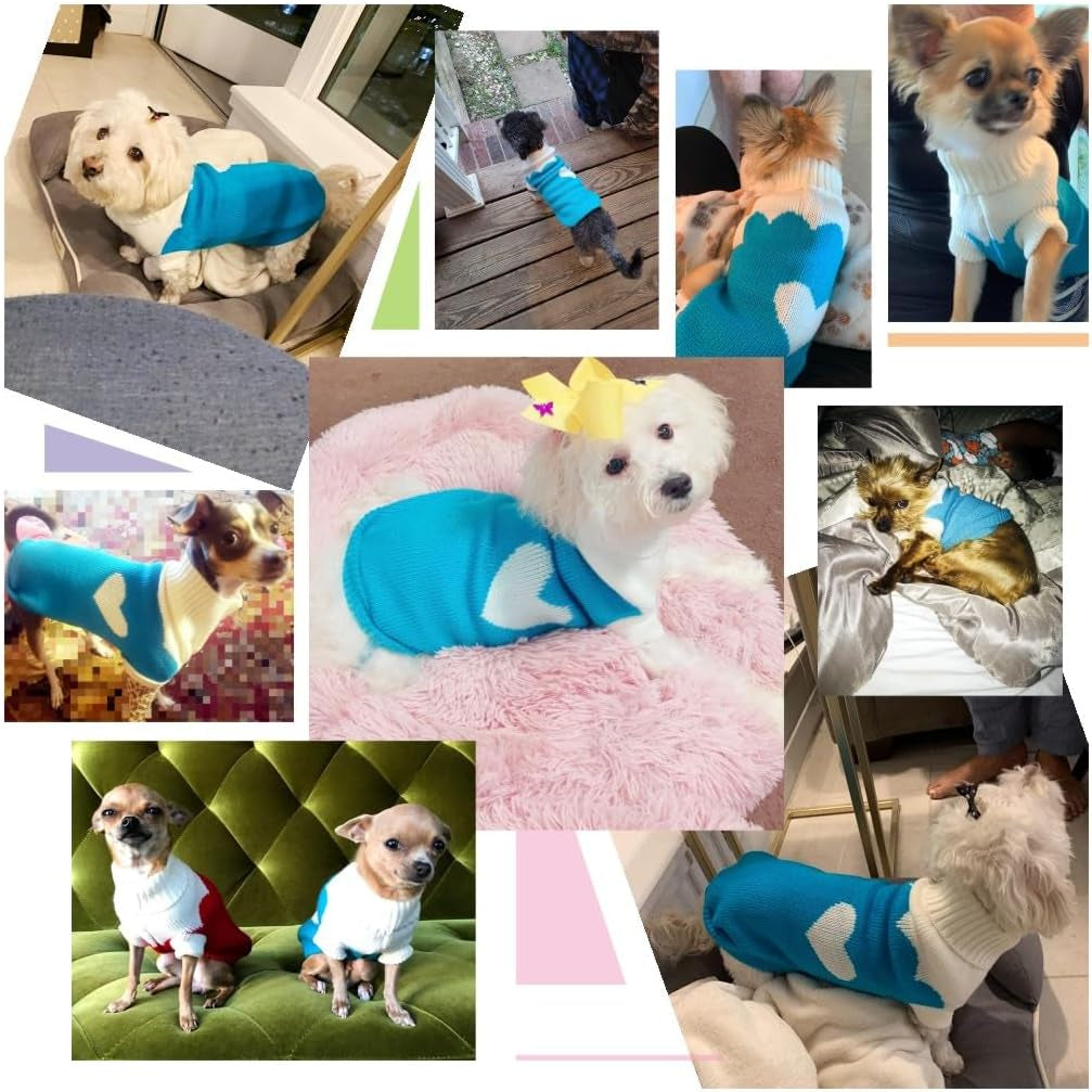 Classic Knit Turtleneck Dog Sweater for Winter - Cute Strawberry and Heart Design in Sky Blue, XX-Small